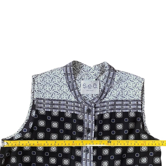 Sea New York 100% Silk Boho Geometric Navy Cream Sleeveless Romper Button Front - Picture 8 of 11